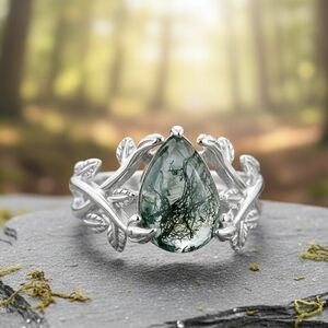 Elegant Silver Leaf Ring with Moss Agate Stone